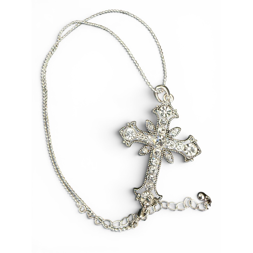 Premier Designs Grace Silver Tone Crystal Ornate Cross Pendant Necklace NOS